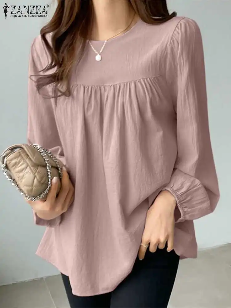 2023 ZANZEA Work OL Shirts Women Blouse Elegant O Neck Puff Sleeve Blusas Holiday Pleated Blouses Autumn Solid Full Sleeved Tops