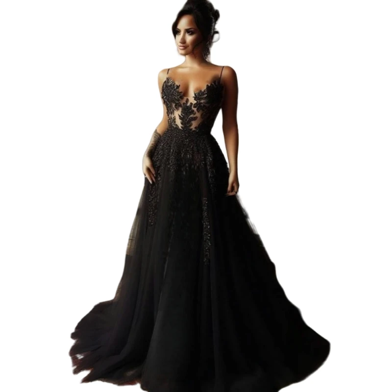 Gothic Black Prom Dress Spaghetti Straps A-Line Long Tulle Evening Gown Lace Appliques Illusion Bodice Customized Reception Wear