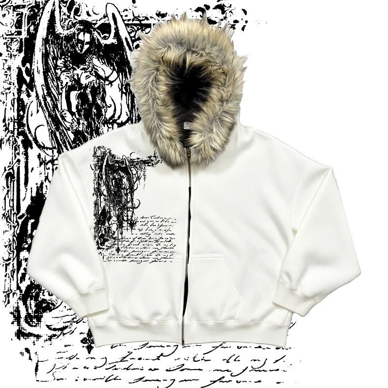 

Y2K element creative imitation plush thick warm fur collar hooded sweater lazy cardigan plush couple emo plush jacket