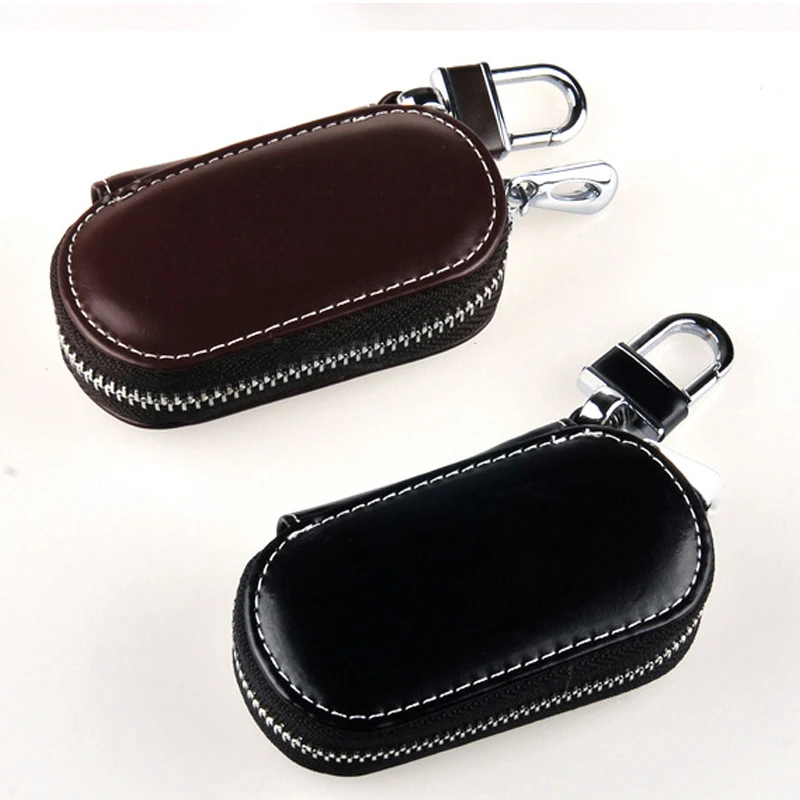 Universal Key Fob Cover Car Key Case Protector Genuine Leather Keychain Holder Metal Hook Key Ring Zipper Bag For Remote Key Fob