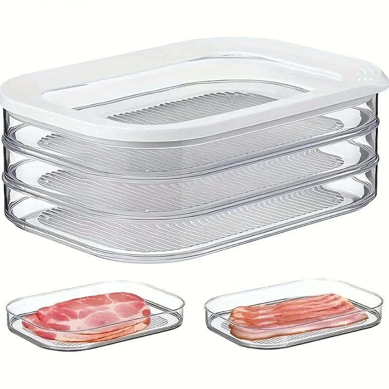 Food Grade PP 3 Layer Clear Storage Containers Stackable Refrigerator Organizer Bins With Lid For Storing Steak Meat