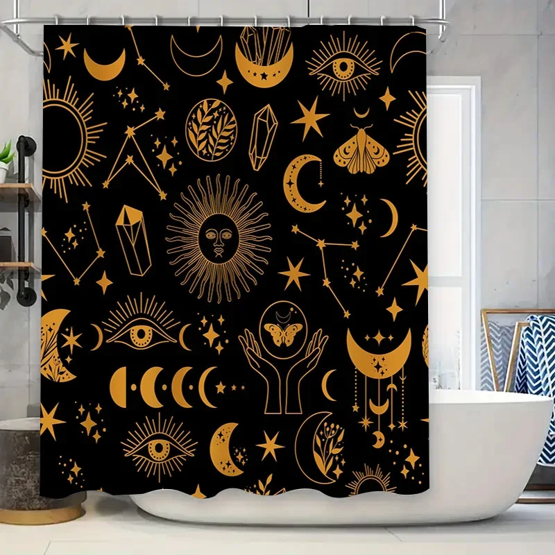 Cortina de ducha de baño con estrella de constelación de ojo de sol y Luna dorada, accesorio de baño con impresión decorativa impermeable.
