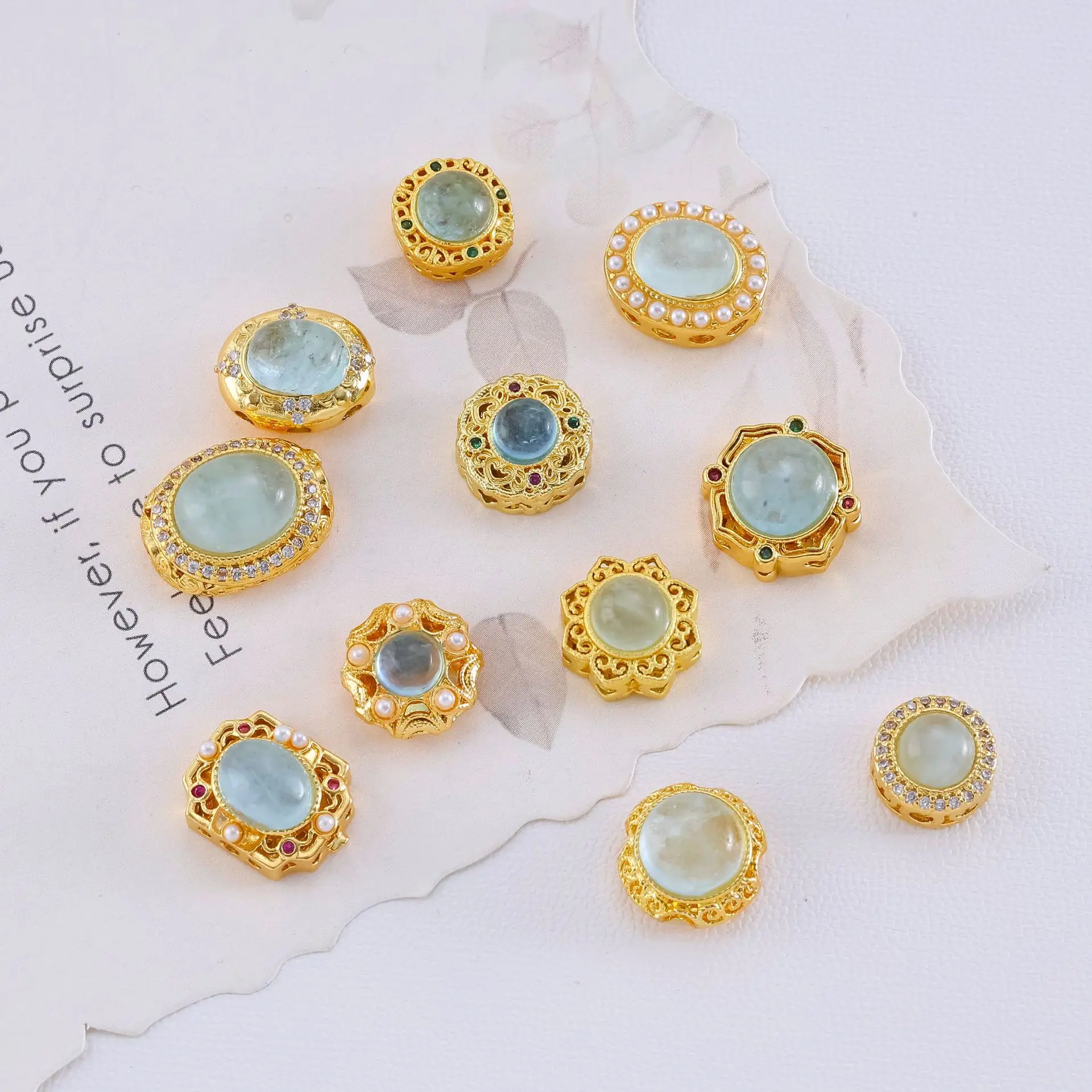 1pcs Copper Gold Inlaid Natural Aquamarine Jewelry Spacer Bead Accessories DIY Pearl Bracelet Necklace Materials Wholesales