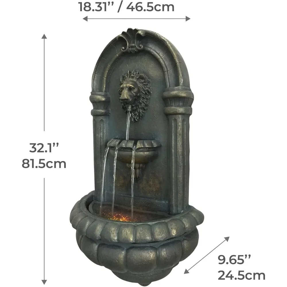 32.1 in. Wall-Mounted Lion Head Stone LED Outdoor Water Fountain for Gardens, Landscaping, Patios, Balconies, Lawns to Create