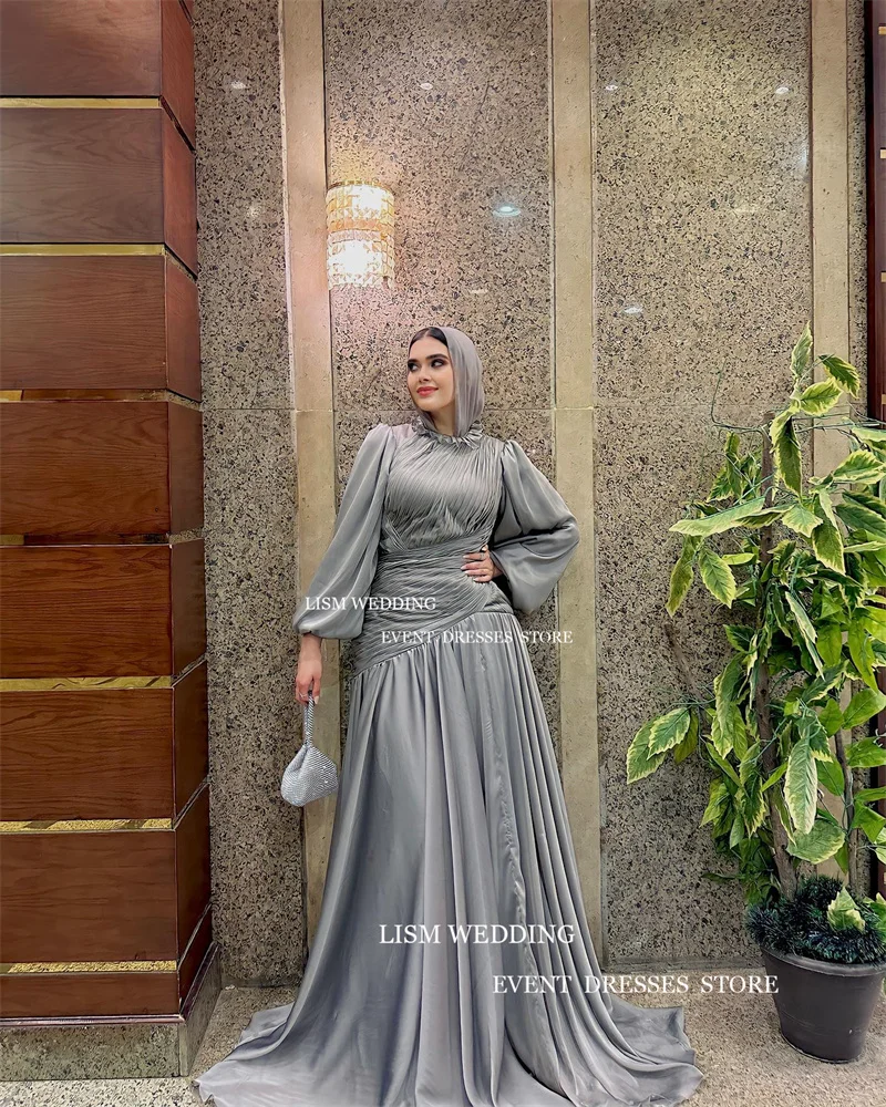 LISM Vintage Muslim Evening Dress Pleats Satin A Line Prom Gown Long Sleeve Formal Occasion Dresses With Veil Custom Made