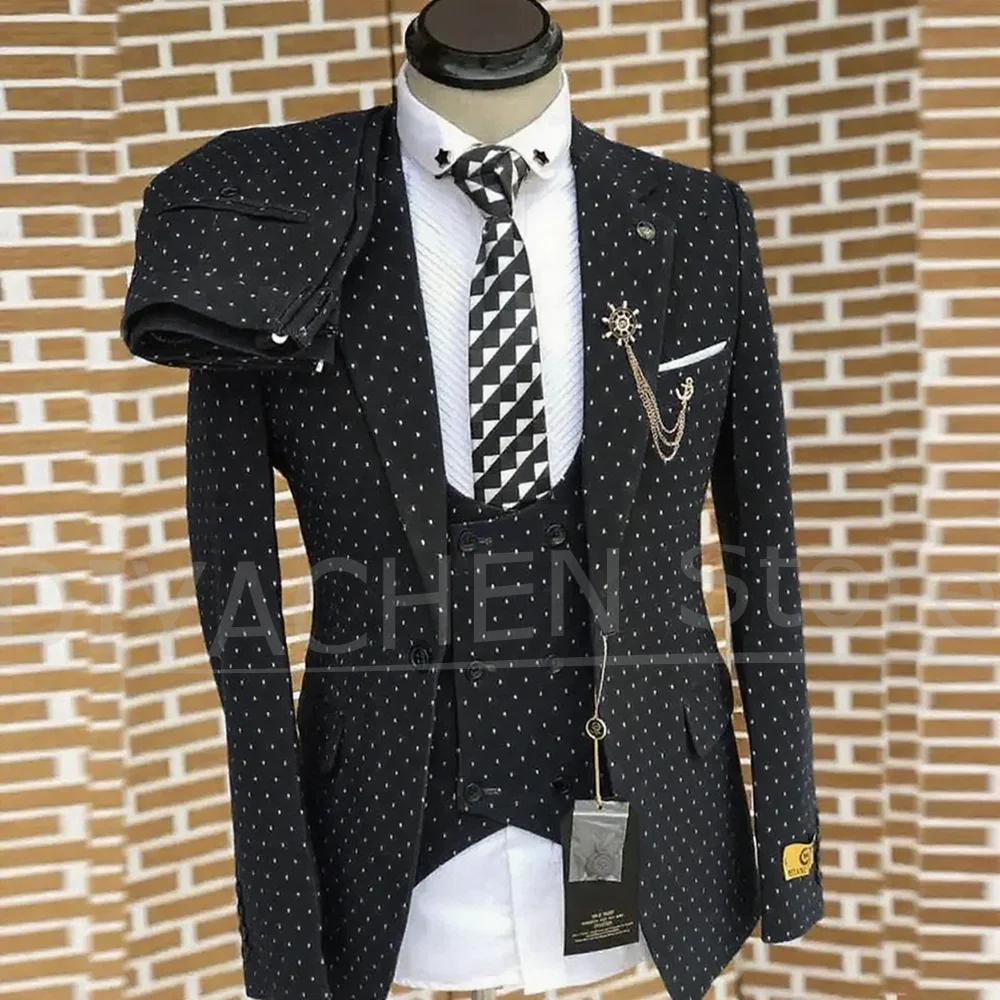 Fashion Dot Suits for Men Navy Blue Chic Notch Lapel Male Blazer Set Formal Casual Wedding Tuxedo 3 Piece (Jacket+Vest+Pants)
