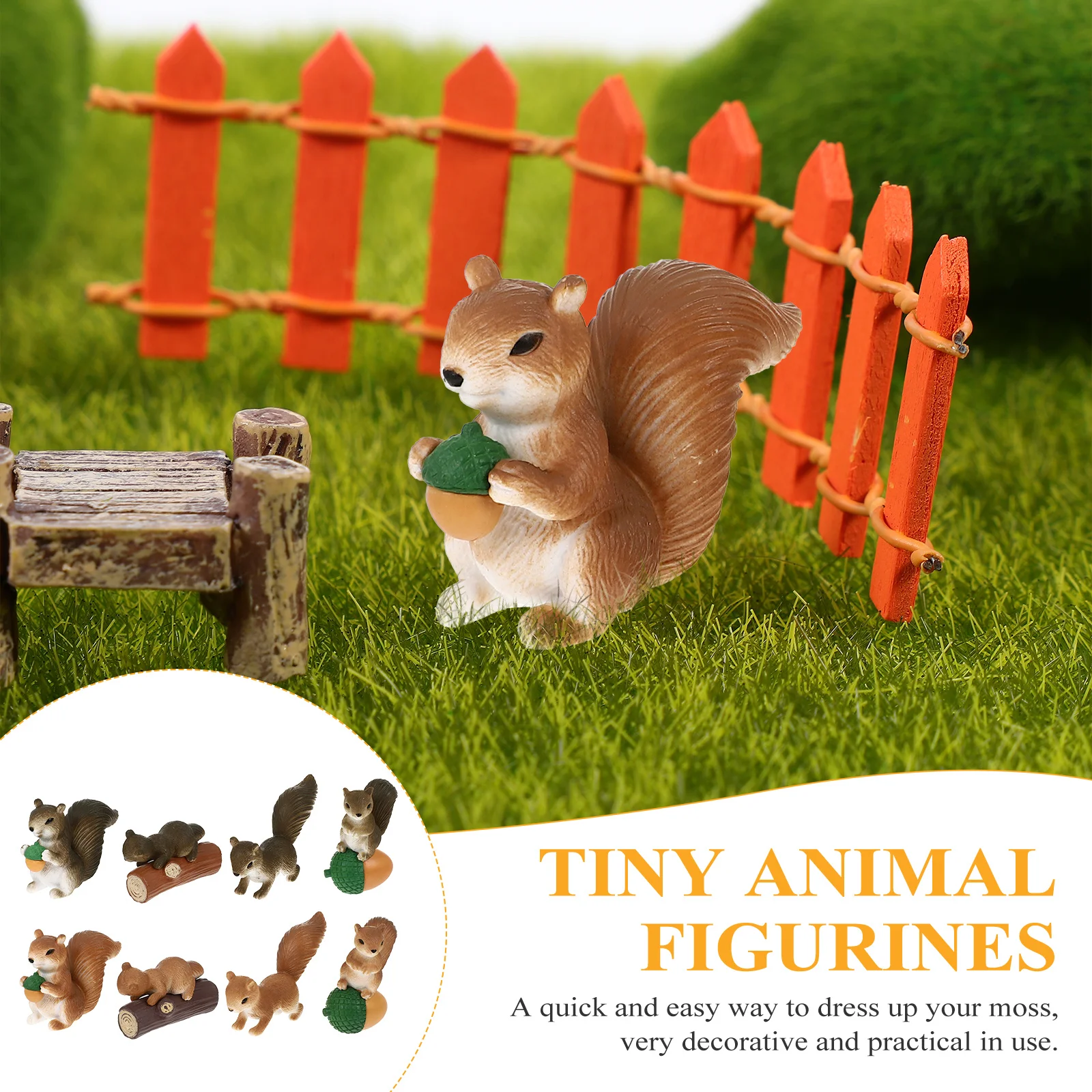 

8Pcs Moss Micro Landscape Mini Squirrel Statues Tiny Animal Decorative Crafts for Fairy Garden Table and Micro Landscape