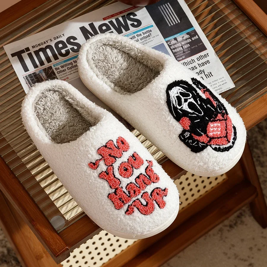 Halloween Funny Slippers Fuzzy Embroidery Grimace Winter Women Home Warm Fashion Personality Comfy Plush Houseshoes Gift