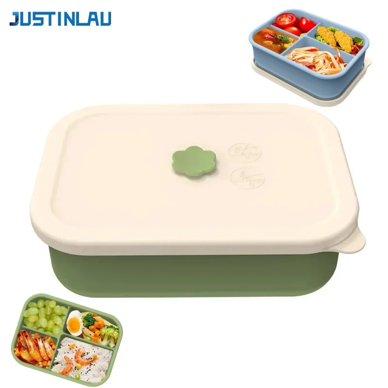 JUSTINLAU 4-Fach Silikon-Lunchbox Hitzebeständige Bento-Box Frischhaltedose für Obst und Gemüse Mikrowellengeeigneter Lebensmittelbehälter