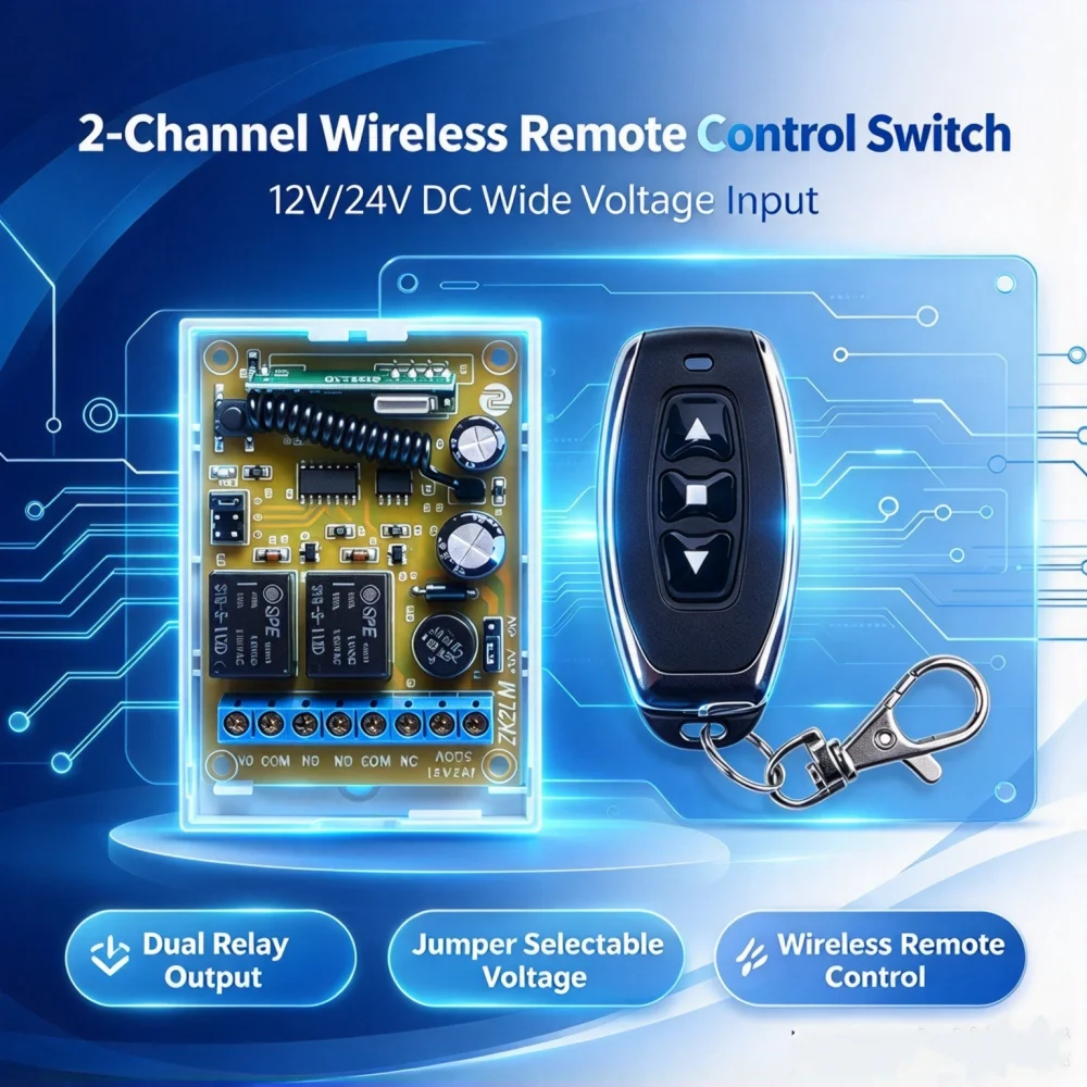 433MHz RF Remote Control Switch 2-Channel Receivers DC12V/24V for DIY Project Motor Ambient Light Push Rod Control
