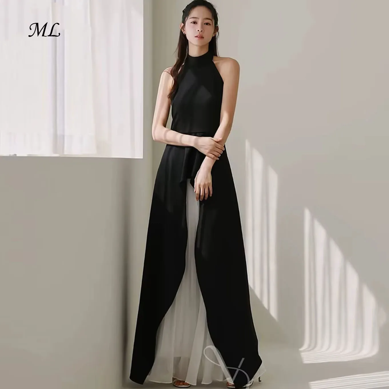

ML Elegant Black Contrast White Wedding Party Dress Halter Open Back Evening Dresses Korea Photo shoot Bridal Gown Customized