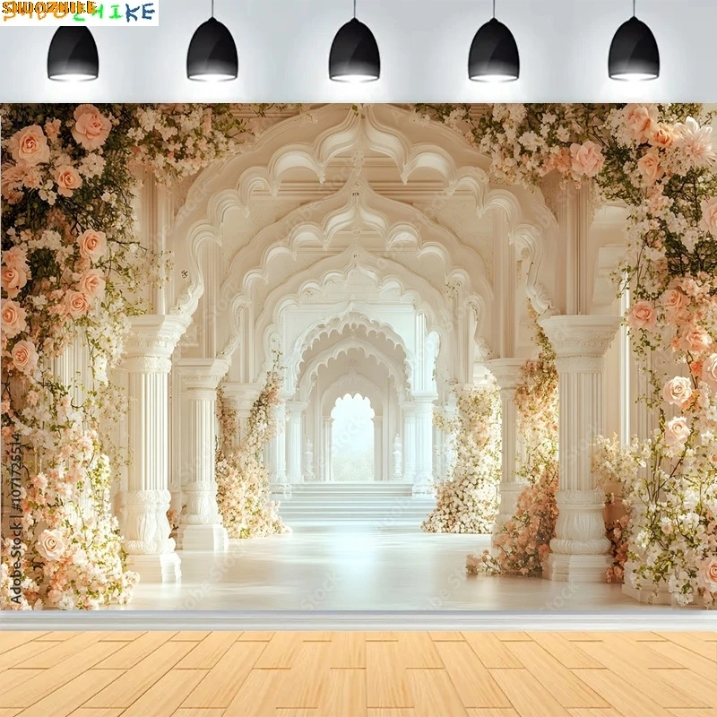 

Grand White Floral Archway Photography Backdrops Church Luxurious Wedding White Room With Flowers Window Photo Background HL-03