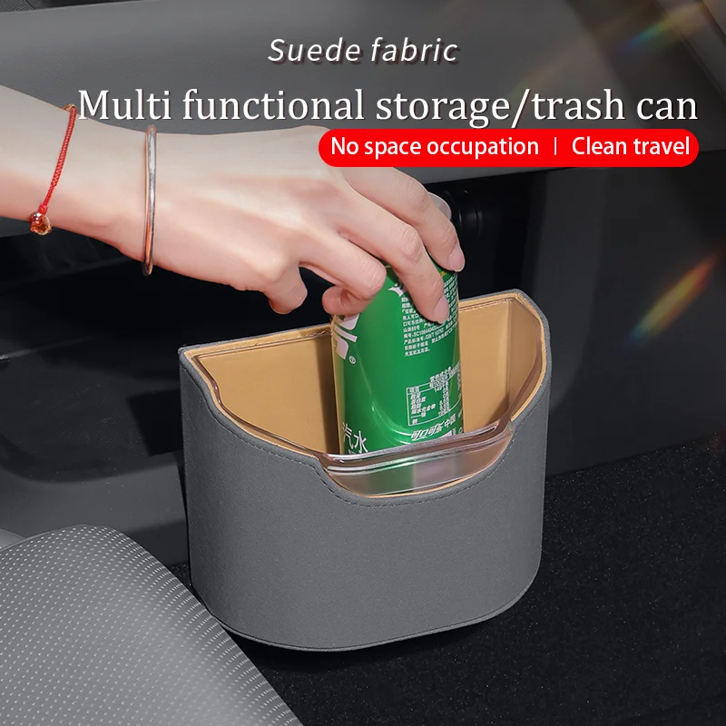 2025 New Arrival High Capacity Waterproof Suede Leather Hanging Car Trash Bin for Neat Car Interior Dust Storage Easy Cleaning