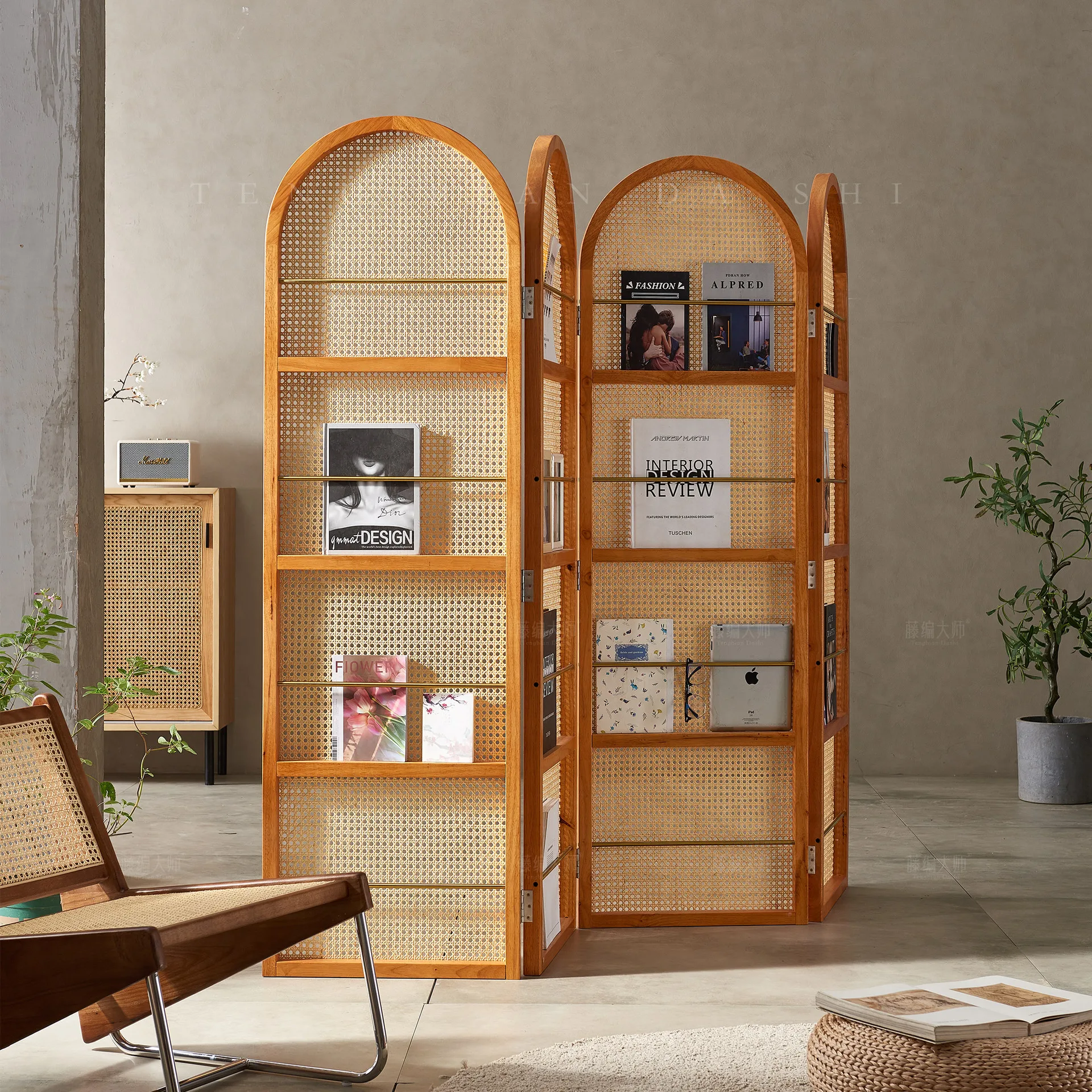 Solid wood rattan screen partition wall retro literary magazine bookshelf blocking small apartment living room simple
