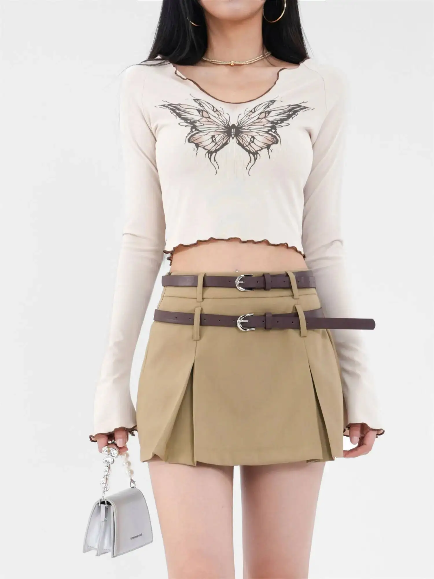 

Новая короткая плиссированная юбка А-силуэта в американском стиле для ранней осени, с двойным поясом, высокой талией, в студенческом стиле JJRM