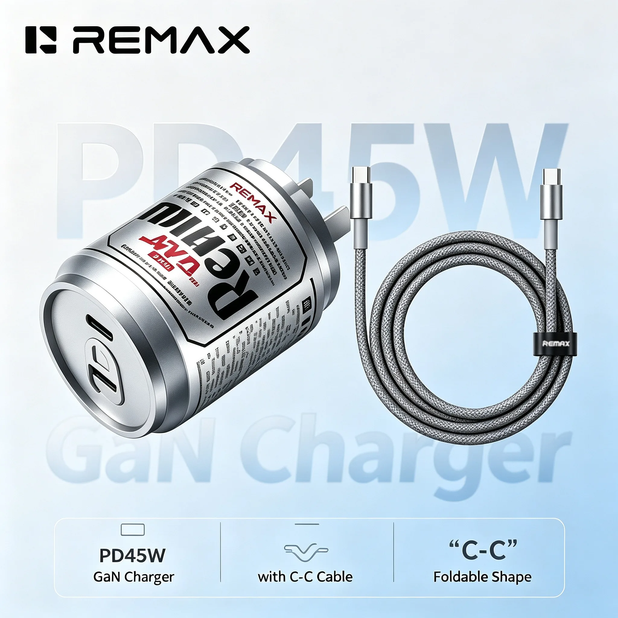 REMAX 45W GaN USB C Charger 2 Ports Can Shape Foldable Travel Wall Adapter PD Fast Charging with Cable Set for Laptop Phone