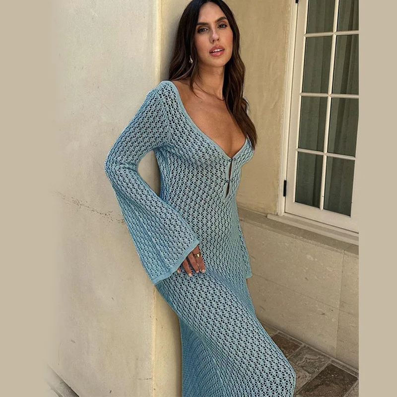 White Knit Fashion Cover up Maxi Dress Female See-Through V-Neck Hollow Out Beach Holiday Dress Knitwear Backless Dress