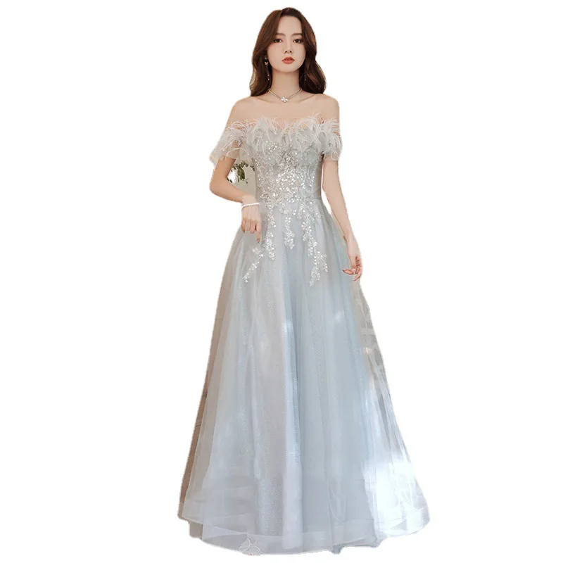 Women Grey Long A Line Tulle Prom Dresses Elegant Spaghetti Strap Beading Evening Gown Robe De Soiree