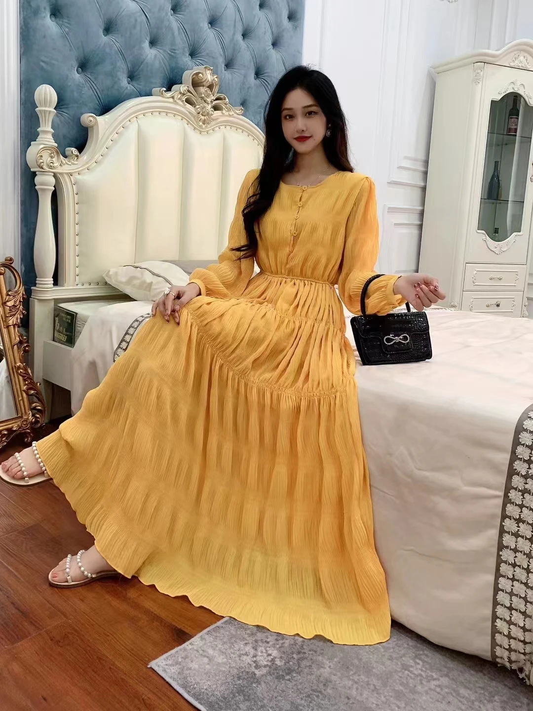 2023 New Spring Autumn Women Long Sleeve Loose Fit Long Dress Elegant Big Hem Pleated  Solid Color Chiffon Dress y2k clothes