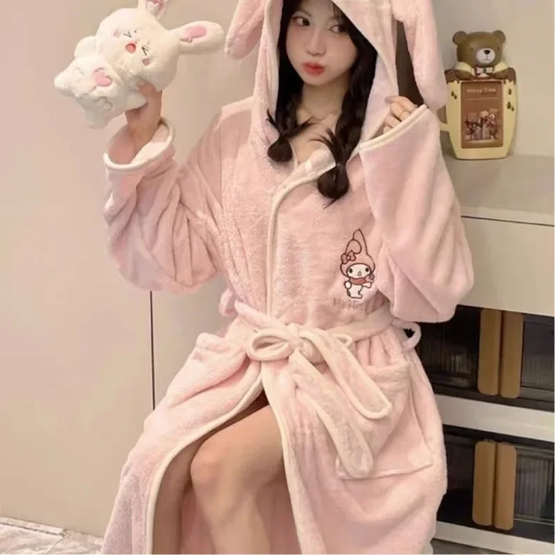 Sanrio Kuromi Cinnamoroll My Melody Pudding Dog Hooded Bathrobe Women Girl Coral Flannel Thickened Cute Cartoon Sleeprobe Pajama