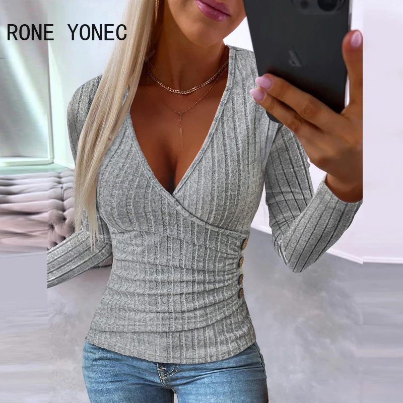 

Women Side Button Deep V-Neck Ribbed Top Spring Blouse