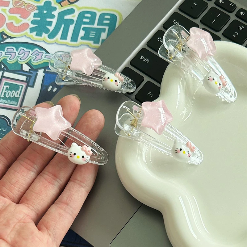 2Pcs Kawaii Sanrio Transparent Star Hair Clip Girls Cartoon Hello Kitty Melody Side Clip Hairpin Fashion Hair Accessories Gift