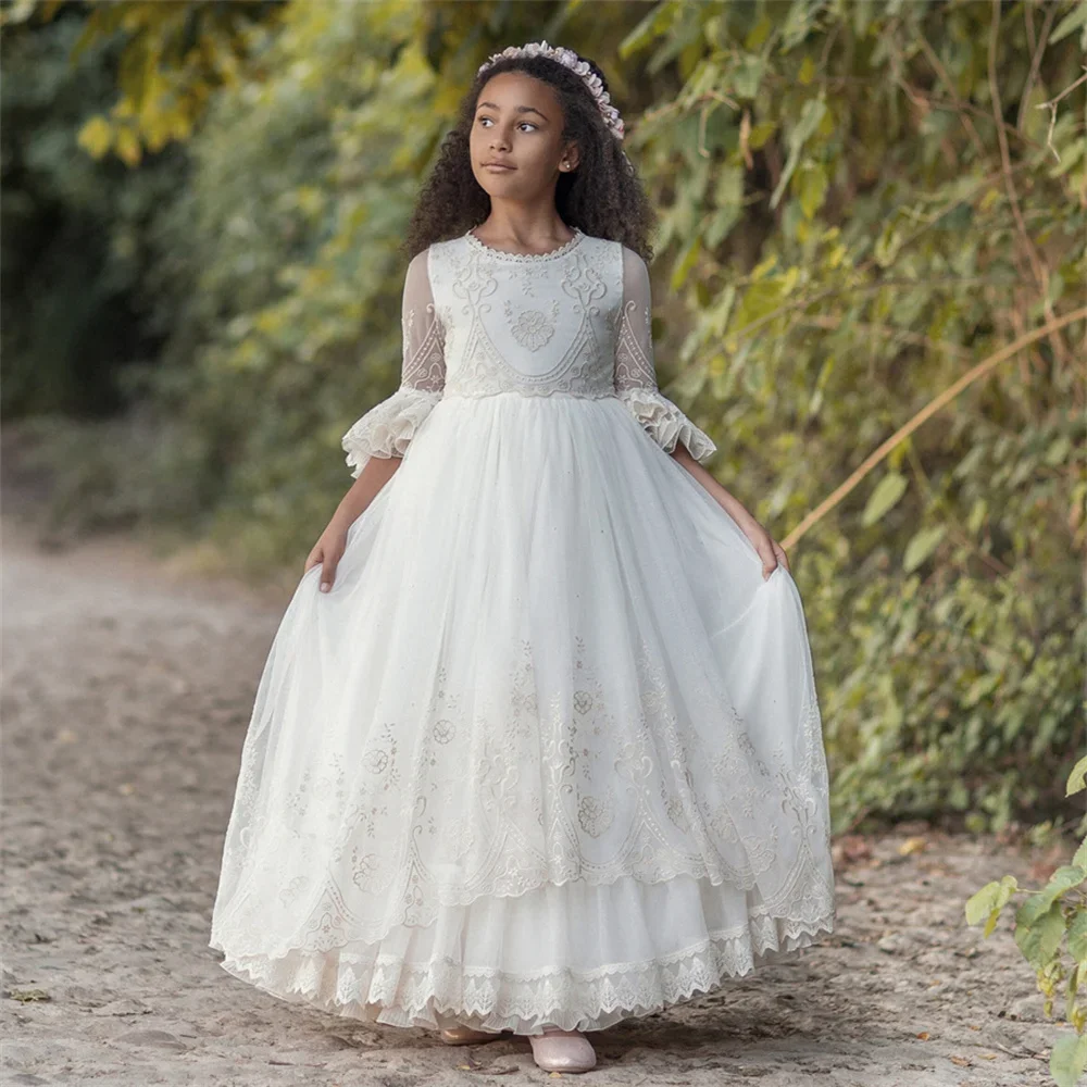 

Luxury Applique Pleat Elegant First Communion Dress Long Sleeve Floor Length Long Ball Wedding Flower Girl Gown Customized 2024