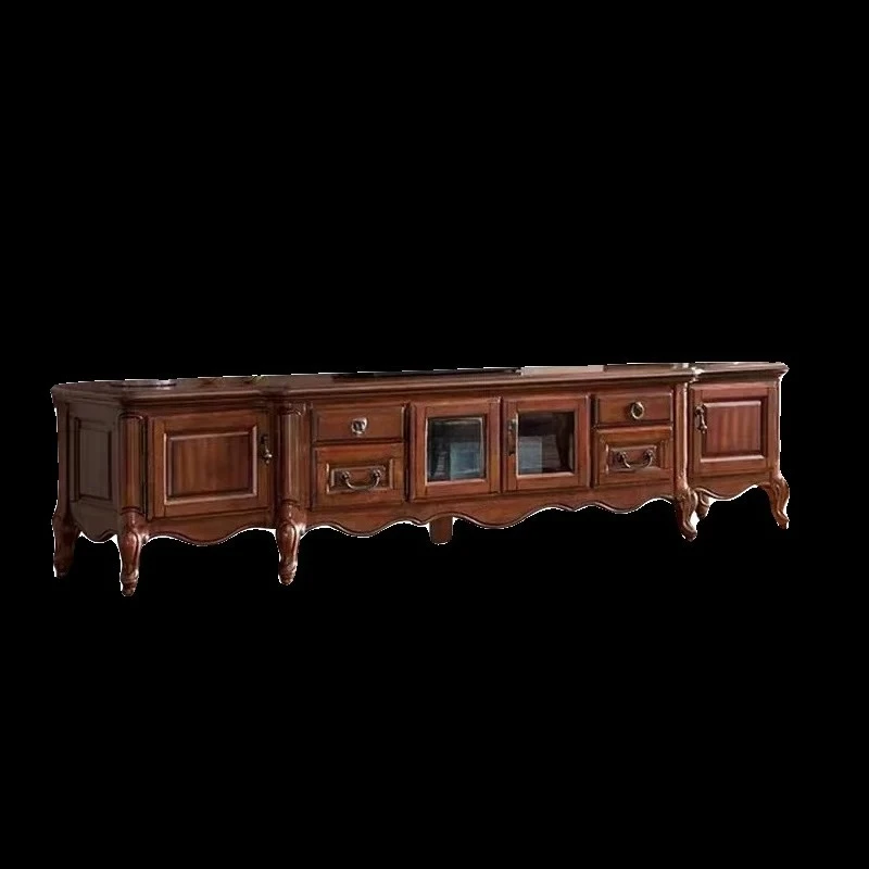 

American all-solid wood TV cabinet walnut color living room retro floor cabinet simple European classical carving