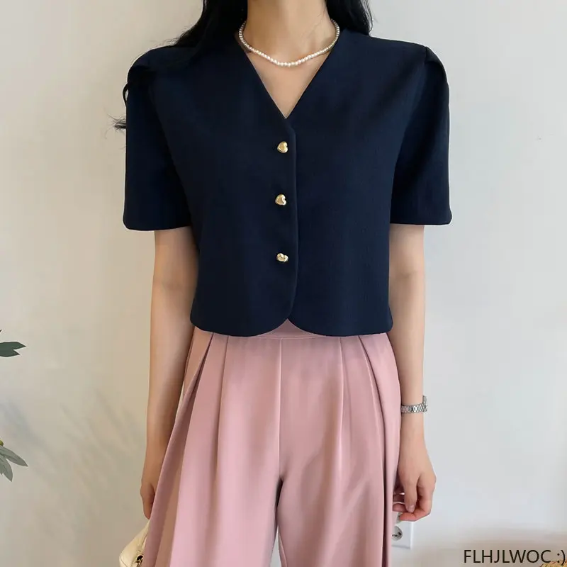 Chic Korea Short Crop Tops Blouses New Design Women Japan Girls Office Lady Button Short Sleeve White Shirts