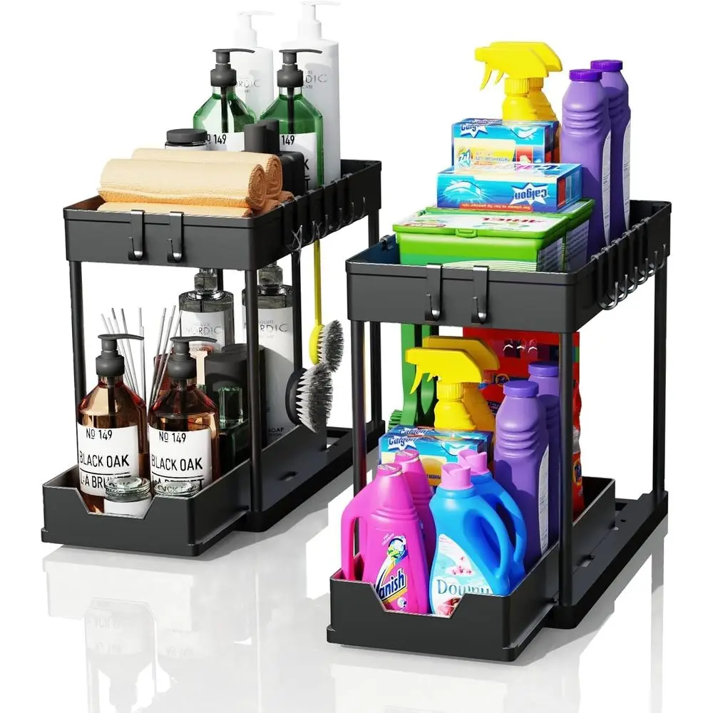 

Двухуровневый выдвижной органайзер-корзина с крючками, черный, для хранения под раковиной на кухне и в ванной