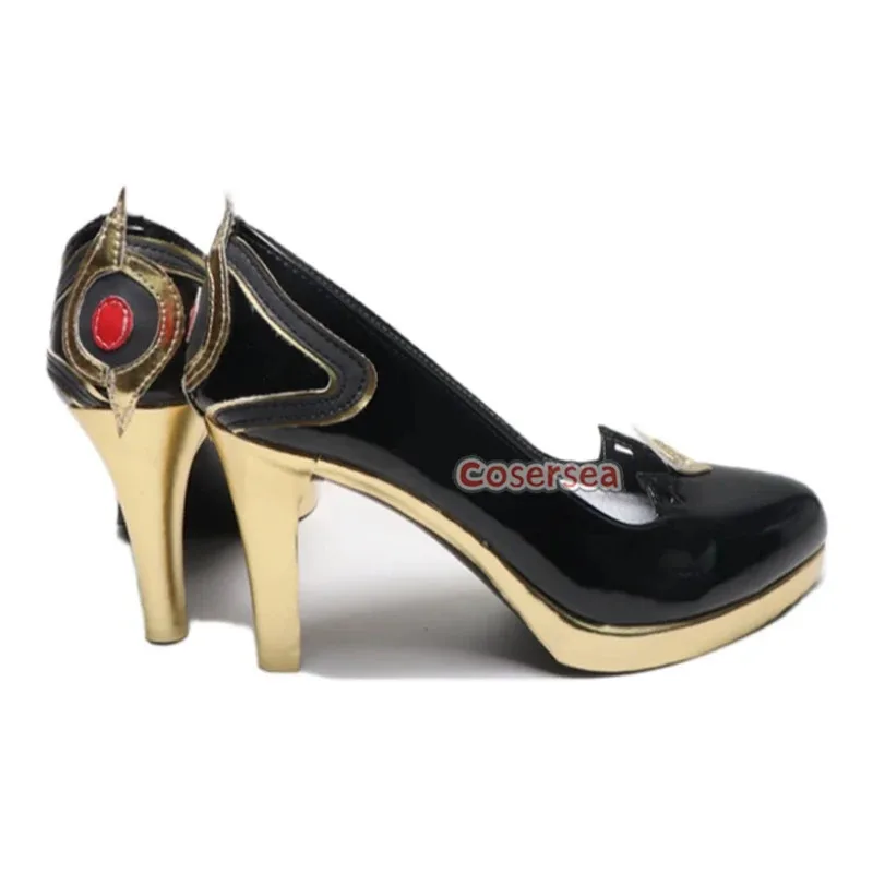 Cosersea Lingsha تأثيري أحذية لعبة Honkai: ستار السكك الحديدية Lingsha عالية الكعب أحذية النساء هالوين الأسود بولي Leather الجلود كوس أحذية نسائية