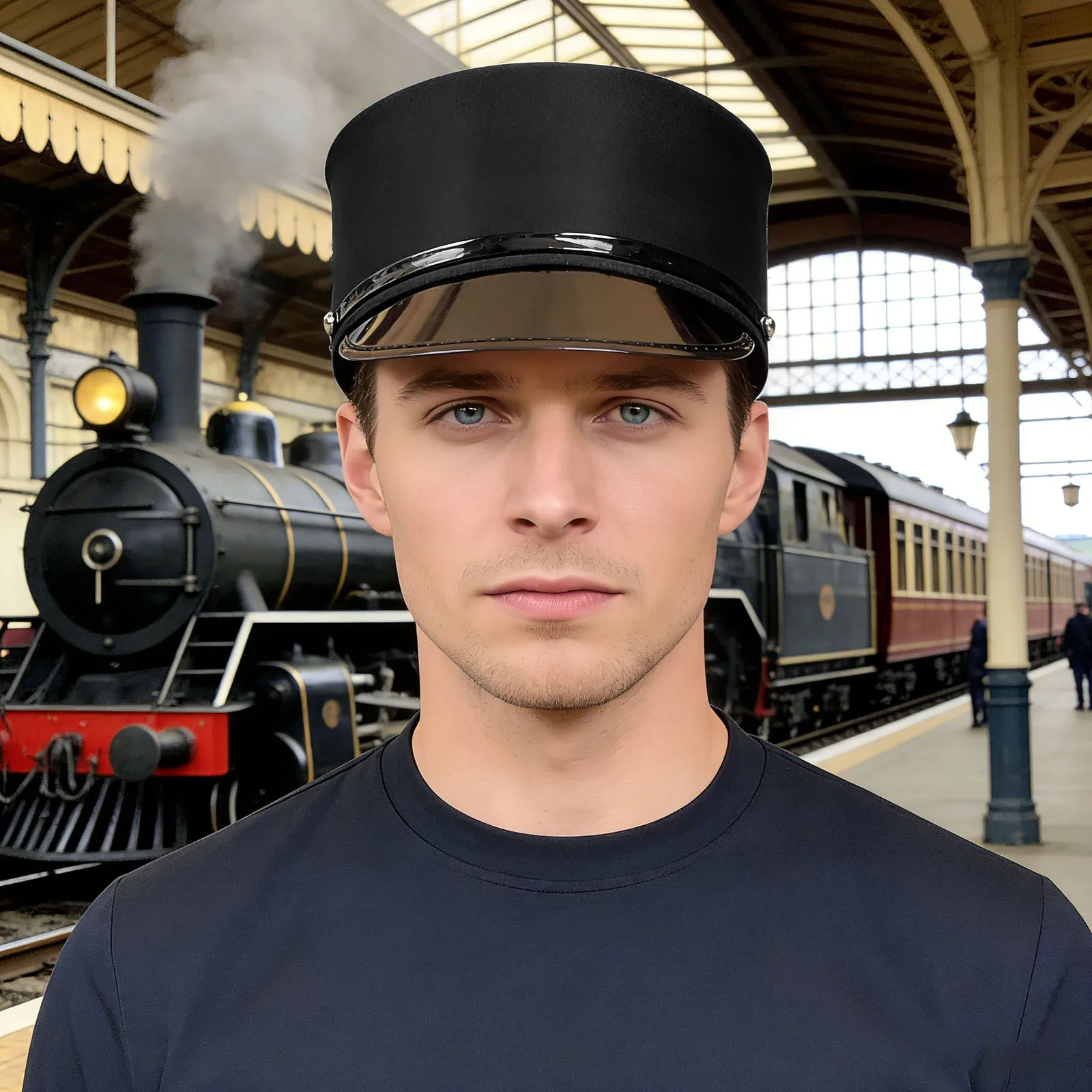 Train Engineer Conductor Driver Hat for Doorman Hotel Waiter Hat Black Hat Cosplay Solider Hats Anime Adult Mens Working Hat Cap