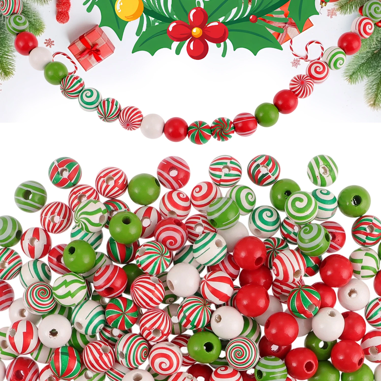 Random size quantity Christmas wooden beads Christmas wooden beads Christmas round beads Winter pine round beads natural wood