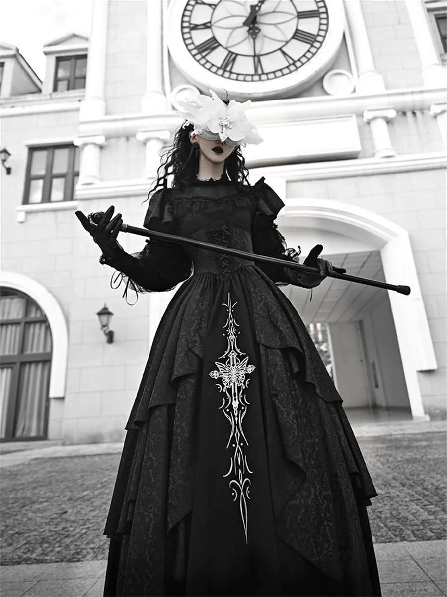 Withpuji French Vintage Gothic Style Cosplay Dark Lolita Op Girl Elegant Embroidery Lace Mesh Ribbon Bowknot Tunic Palaca Dress