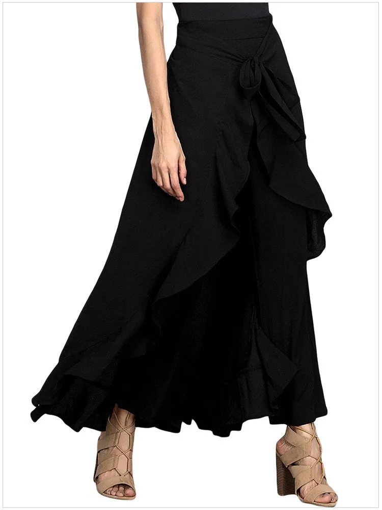 

Women's Long Skirt Solid Color Splicing Ruffled Drawstring Regular High Waist Irregular Loose Floor-length Culottes For Women