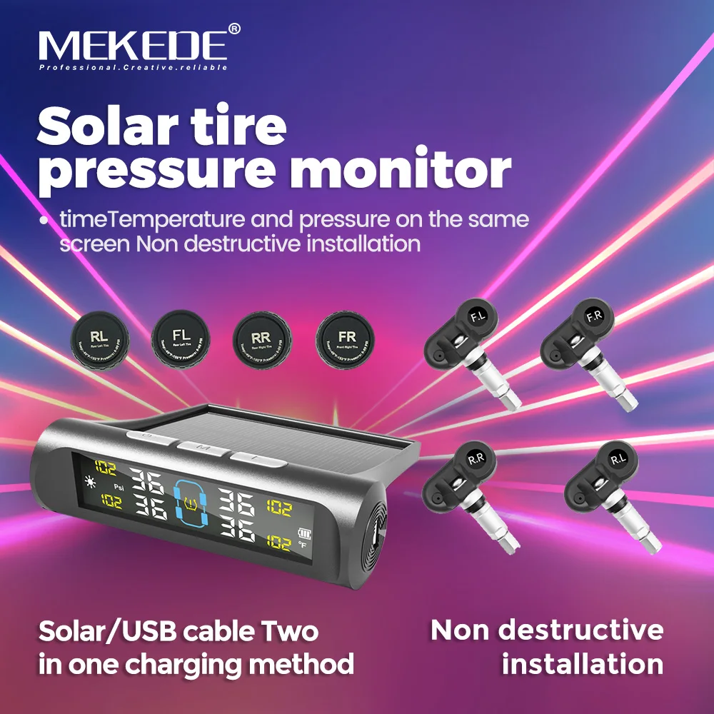 MEKEDE Solar/USB Cable 2in1 Charging Tire Pressure Monitor Time Temperature and Pressure on Screen Non Destructive Installation