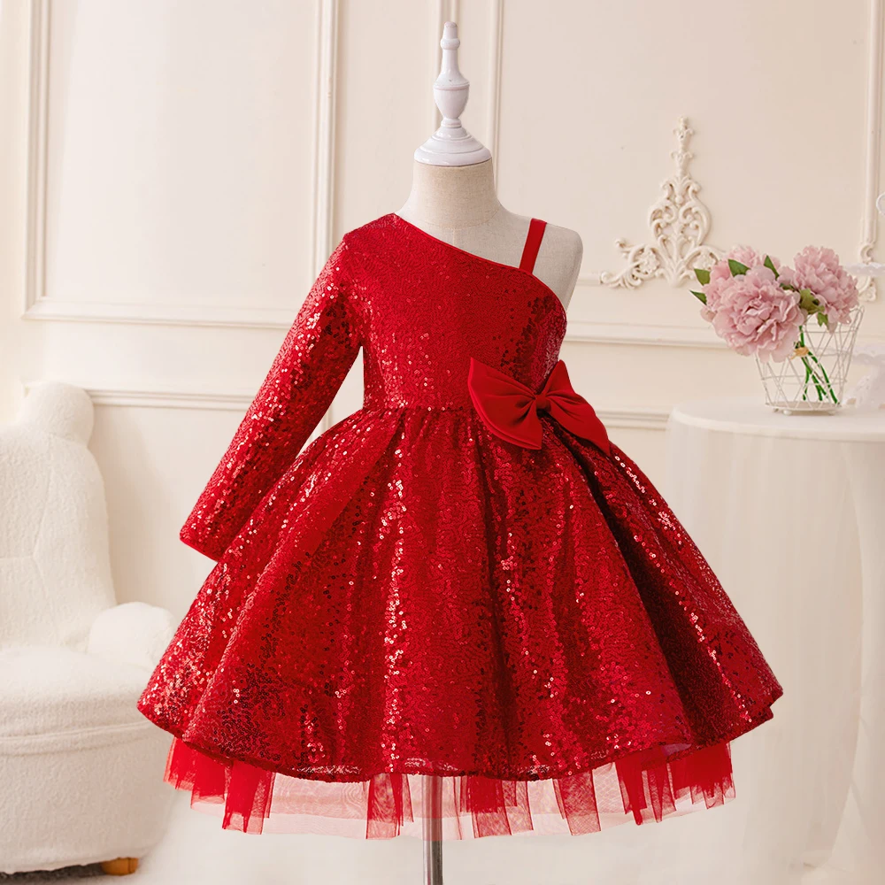 

Shoulderless Red Party Dress For Girl Children Costume Prom Princess Dresses Elegant Girls Clothes Sequin Birthday Wedding Gown