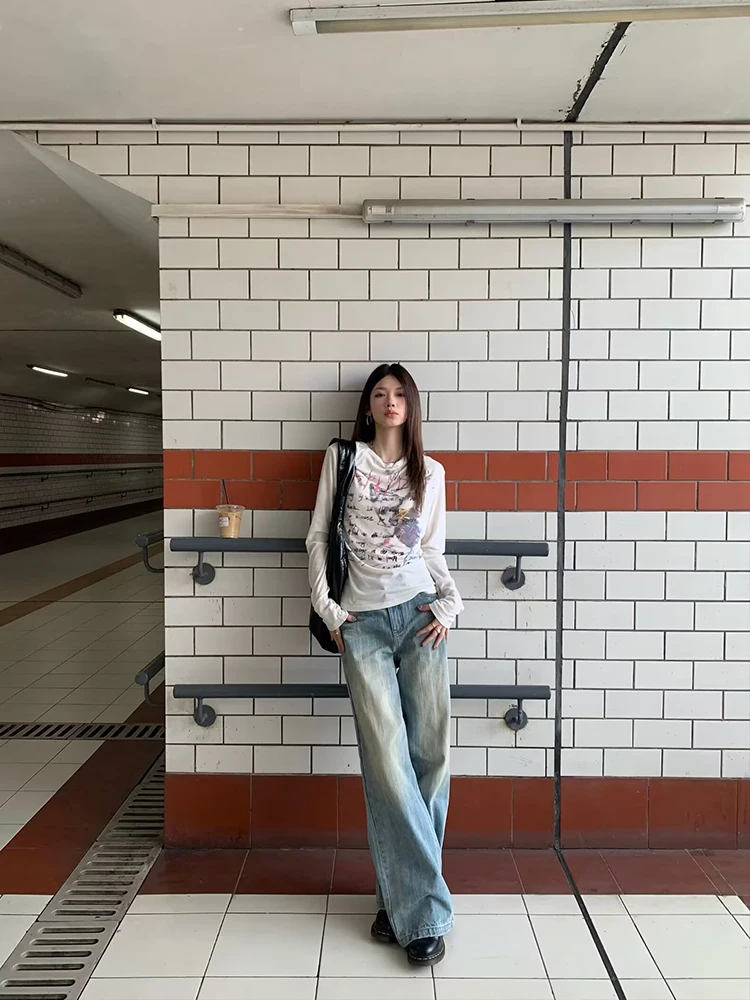 

Синие свободные широкие джинсы, женские повседневные джинсы прямого кроя, длинные брюки с высокой талией, универсальные модные джинсы Four Seasons