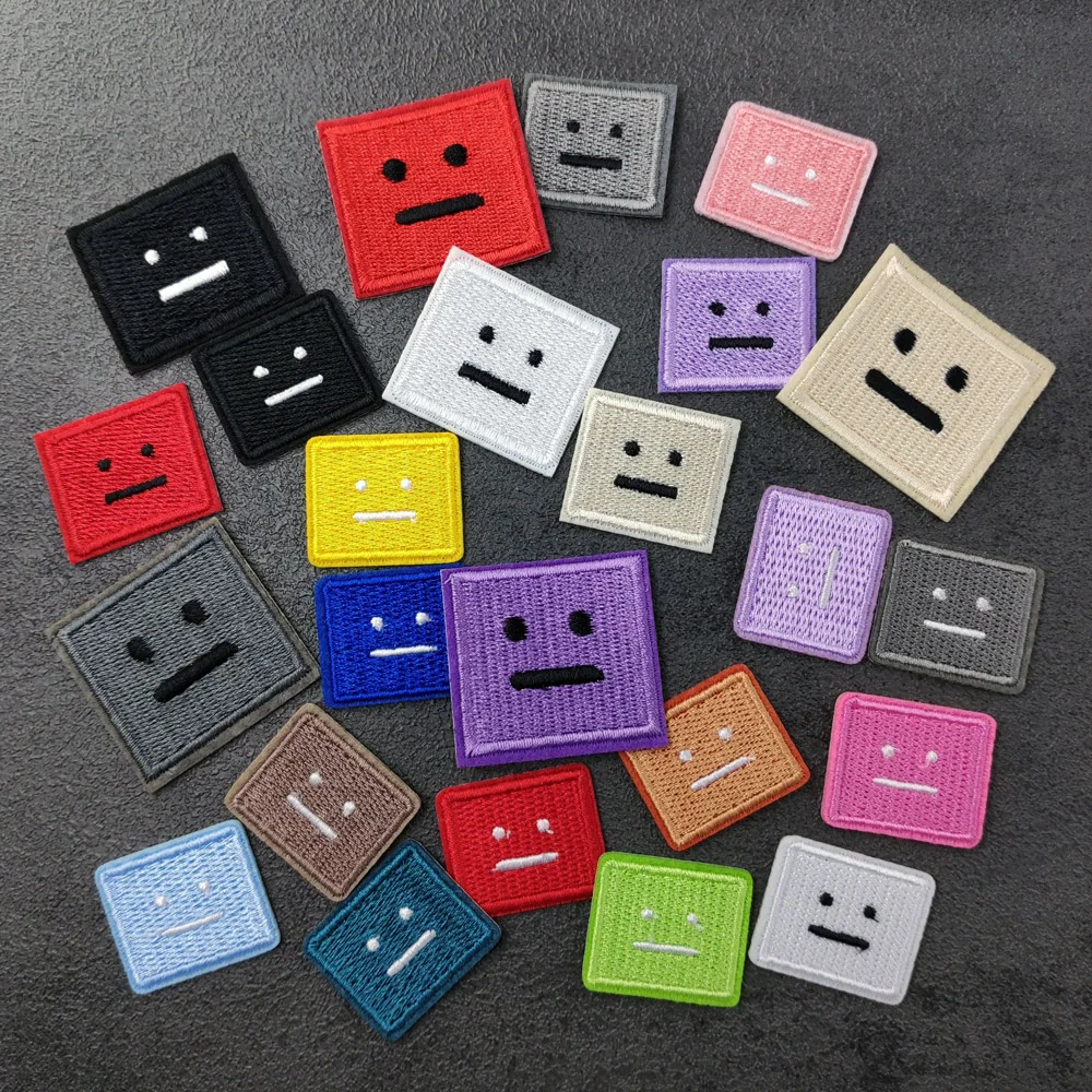 Square Face Patch Cloth Embroidered Applique Sewing Clothes Apparel Accessories Green Red Blue Yellow White Back Expression