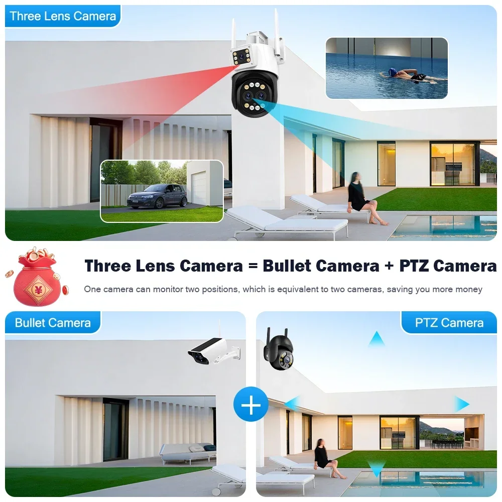 Câmera de Segurança de Vigilância ao ar livre, WiFi, Câmera IP com Zoom Óptico 10X, 3 Len Lens, Tela Dupla, 4K, Vídeo 8MP, CCTV, 6K, 12MP