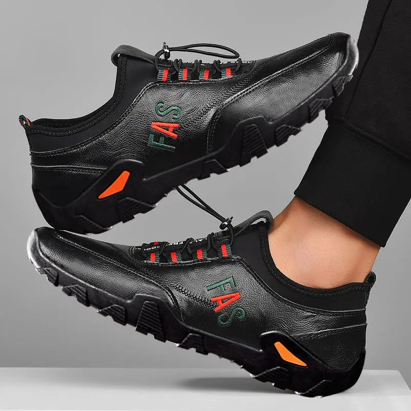 Men Loafers Flat Shoes PU Round Shape Keep Warm Waterproof and Non Slip Breathable Lace Casual Sports Sneakers