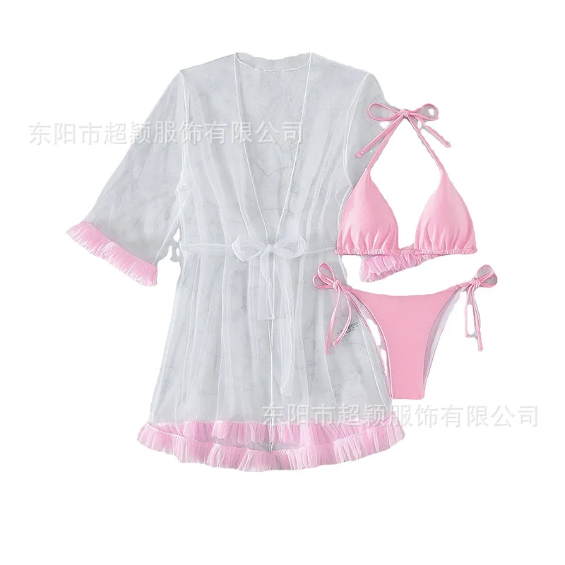 

bikiniMesh Cover-Up Three-Piece Swimsuit Set for Women with Sexy 3D Lace Trim, Two-Piece Beach Bikini