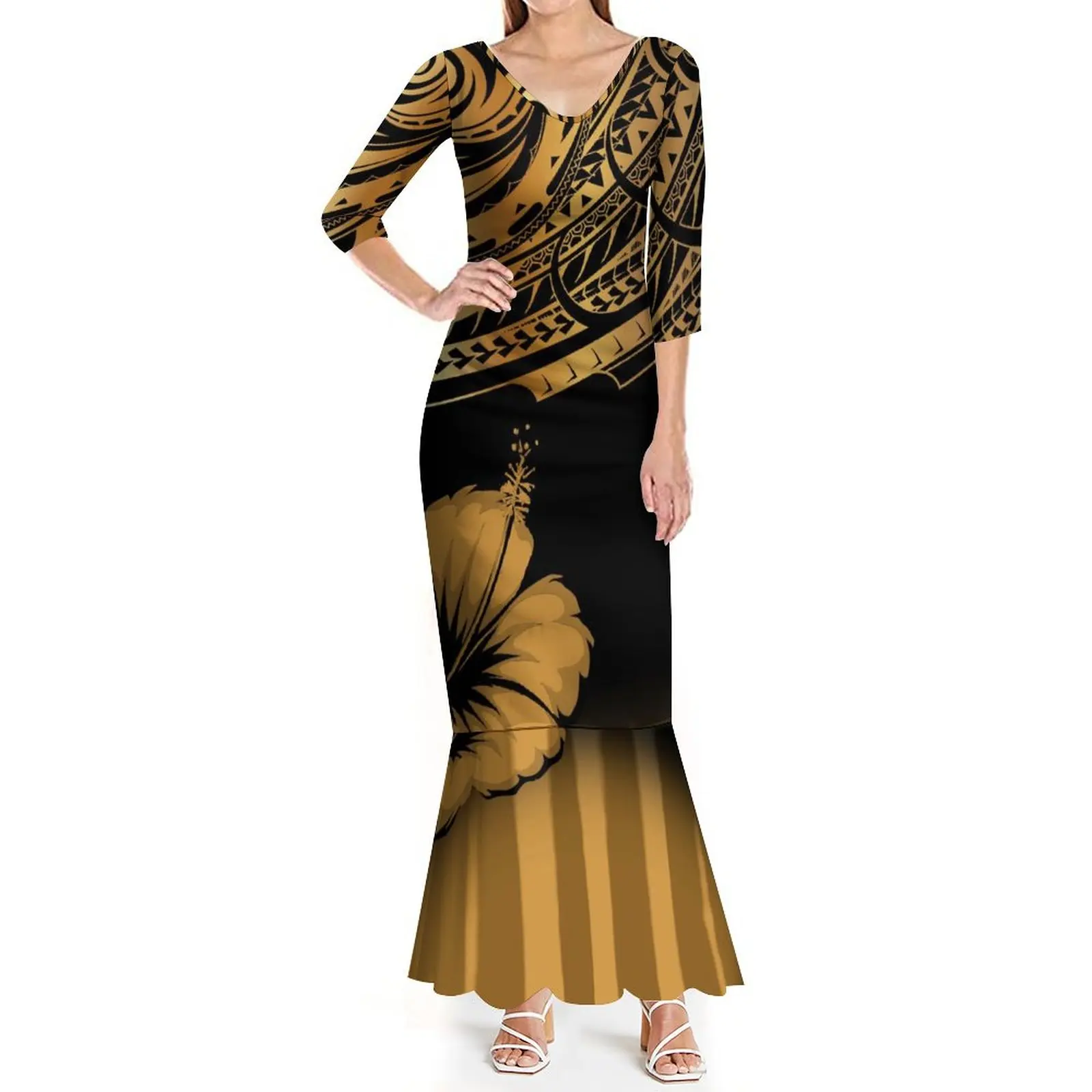 Summer Ladies Mid-Sleeve Dress Slim Long Skirt Skirt Design Elegant Temperament Polynesian Custom Women Dress