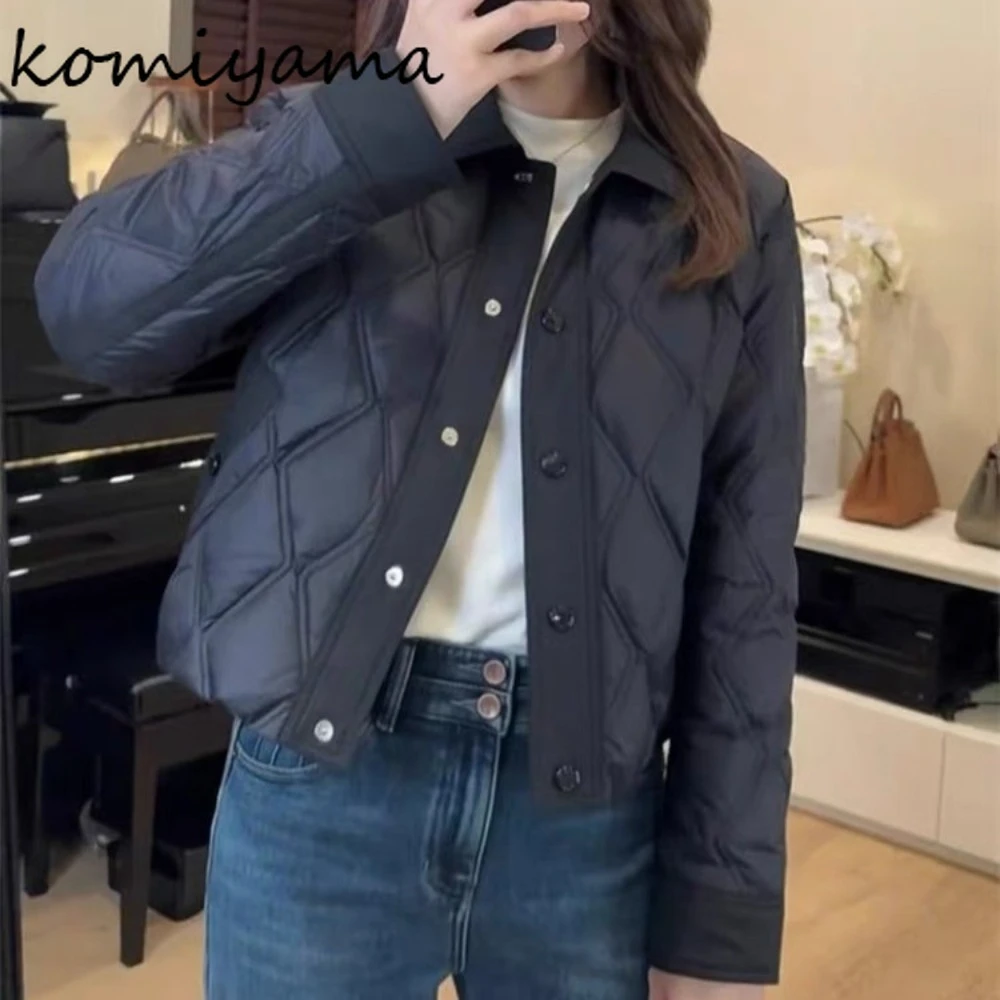 

Argyle Long Sleeve Abrigos De Mujer Turn Down Collar Casaco Autumn Winter Jacket Single Breasted Woman Parkas Cotton Jackets