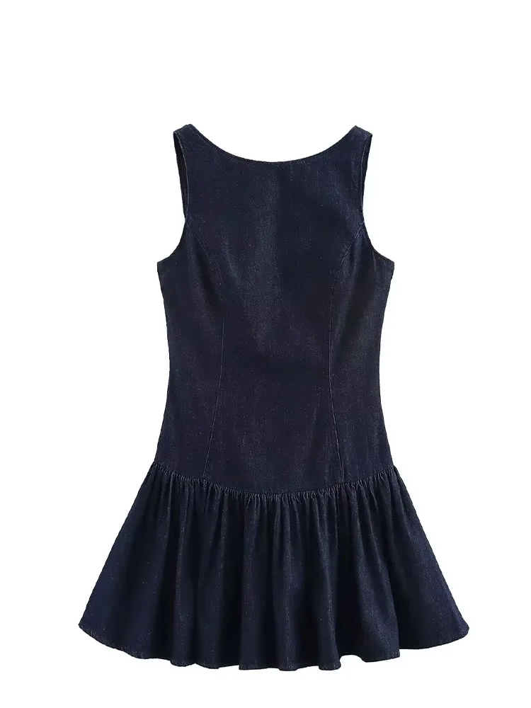 

HH Woman Zipper Backless O-Neck Sleeveless Laminated Decoration Short Dress 2025 Summer Women Solid Slim Denim Mini Dresses
