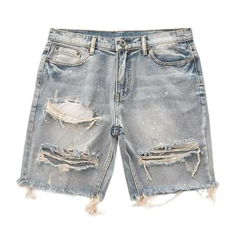 

Button Zipper Fly Shorts Youthful Men's Distressed Denim Shorts Trendy Straight Fit Multi Pockets Ripped Holes Summer Jeans Men