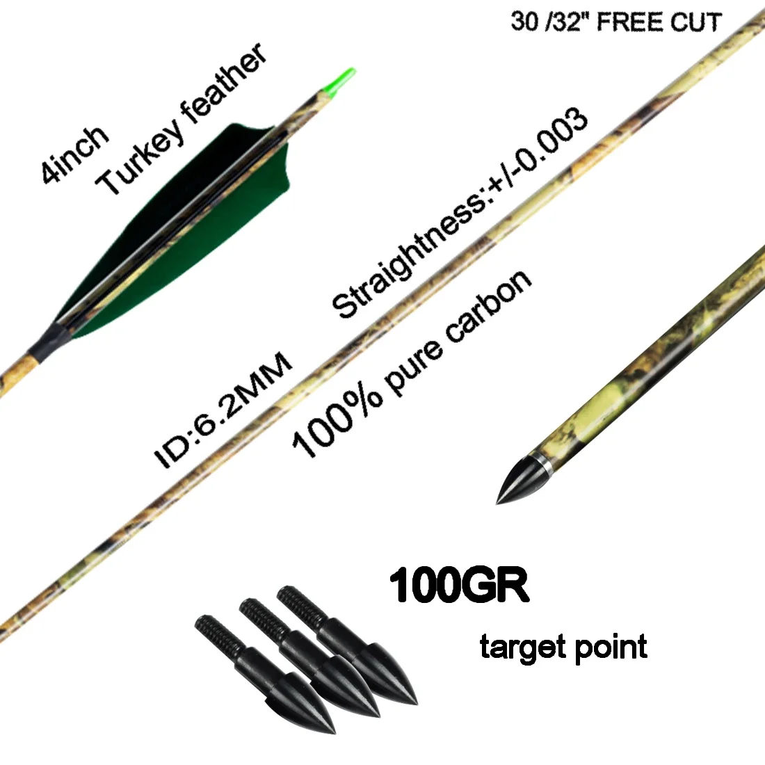 12pcs Linkboy Archery Carbon Camo Green Arrow ID6.2mm Sp300-600 5inch Turkey Feather 75gr Tips Compound Traditional Bow Hunting