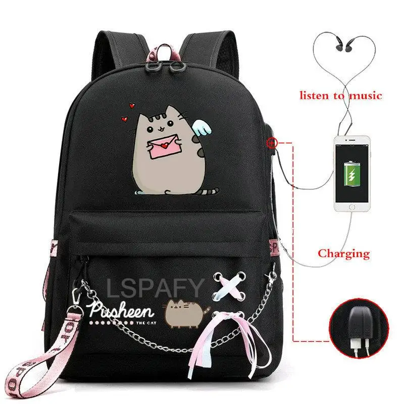 Sac à dos Oxford imprimé chat, Kawaii, pour ordinateur portable, livre d\'école pour fille, à bandoulière, avec chargeur USB, pour voyage, cadeau