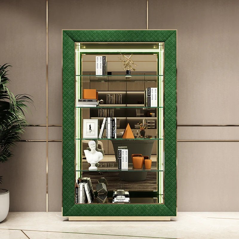 Post-modern light luxury bookcase floor open bookshelf glass Italian decorative cabinet port-style metal study furniture