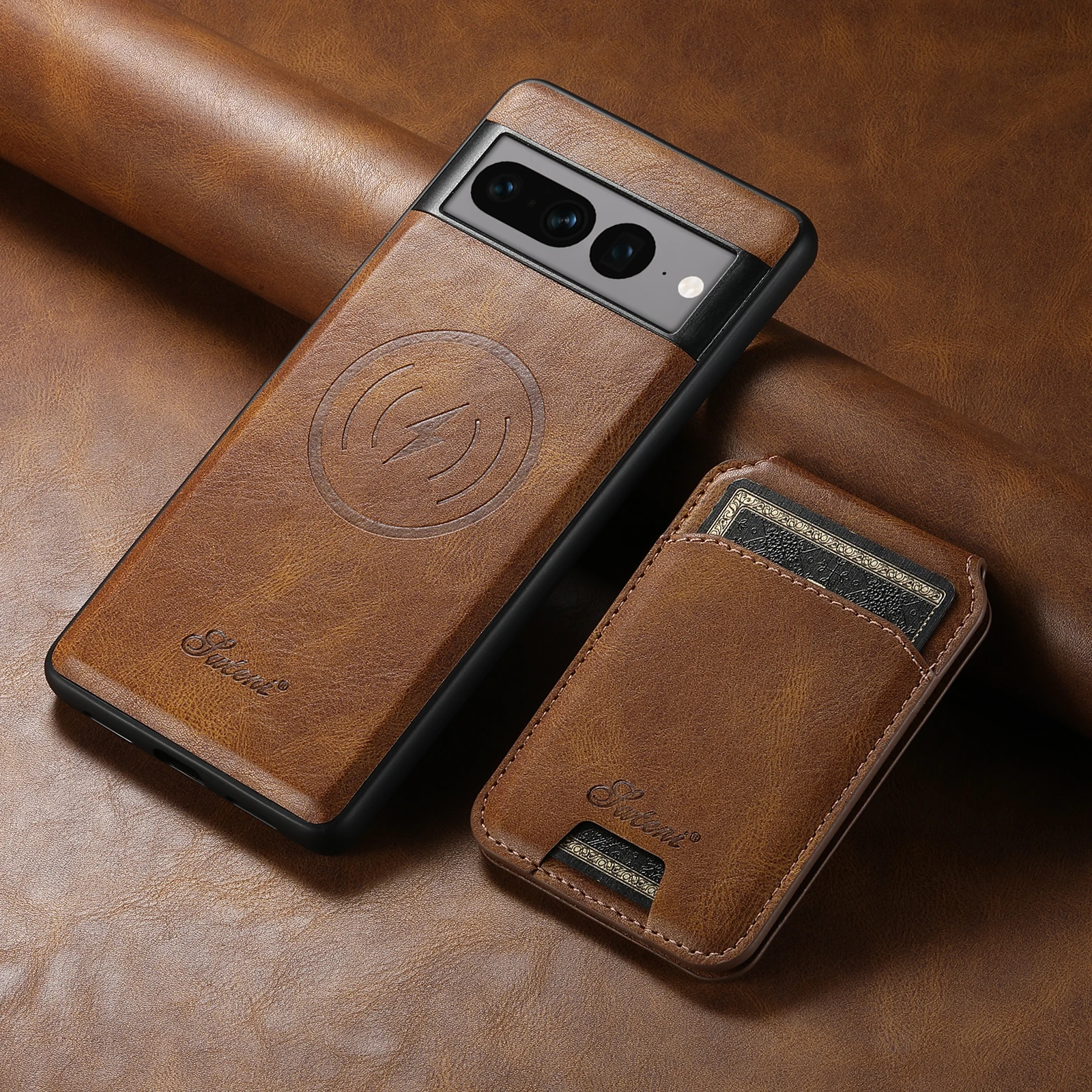 SUTENI Drahtloses Laden Kunstleder Magnet Kartenhalter Ständer Bilderrahmen Handyhülle für Google Pixel 9 XL 8 Pro 7A 6